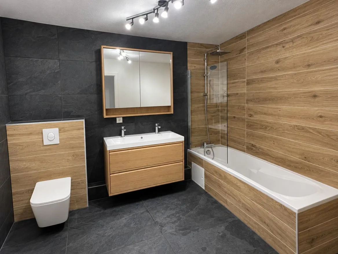 La même salle de bain après travaux : sol et mur en grès anthracite, faïence effet bois, meuble double vasque en chêne, WC suspendu et pare-baignoire