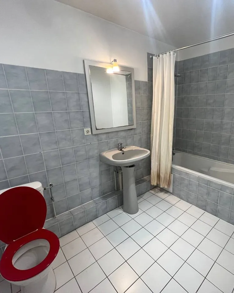 Salle de bain avant travaux : carrelage gris, lavabo sur colonne, baignoire à rideau et WC à abattant rouge