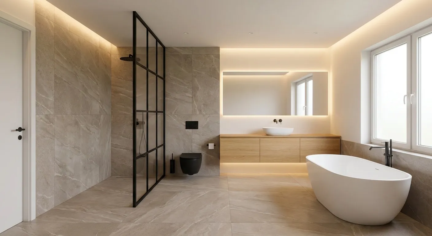 Salle de bain rénovée à Strasbourg : douche à l'italienne, carrelage clair et meuble vasque suspendu