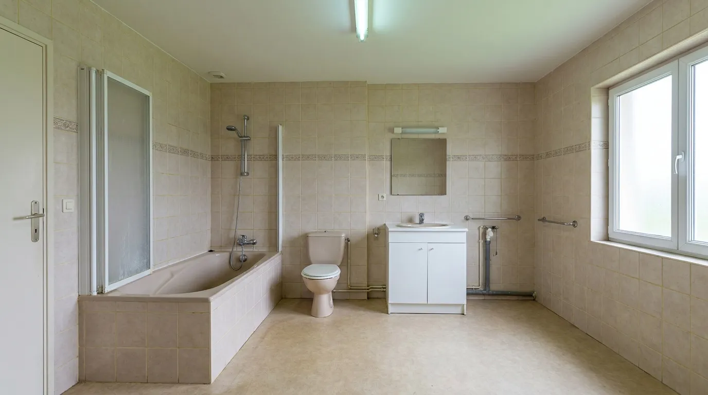 Salle de bain vétuste avant travaux : baignoire encastrée et carrelage ancien