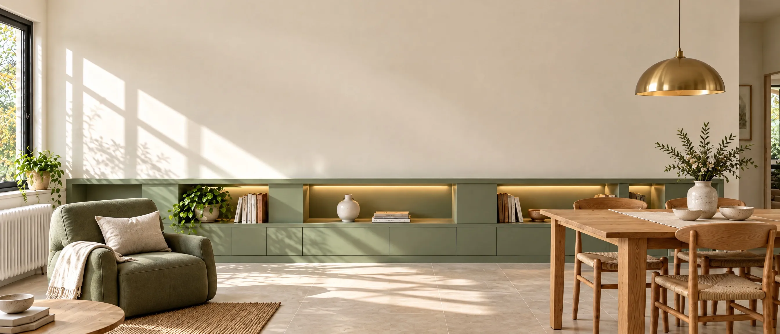 Séjour rénové : carrelage grand format, niches maçonnées peintes en vert sauge et éclairées, fauteuil, table en chêne et suspension en laiton