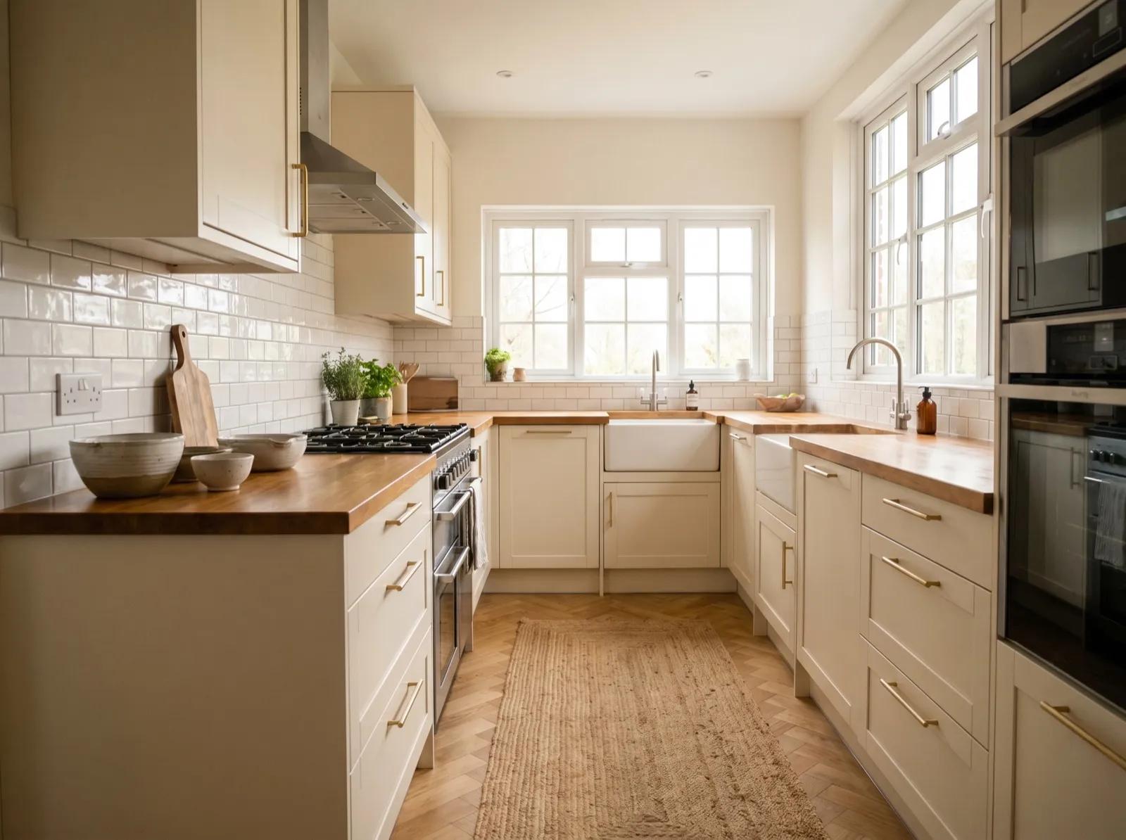 Crédence en carrelage métro blanc au-dessus d'un plan de travail en bois, cuisine rénovée