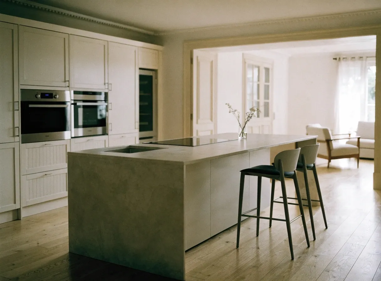 Cuisine rénovée par Domea : îlot central, plan de travail clair et rangements sur mesure