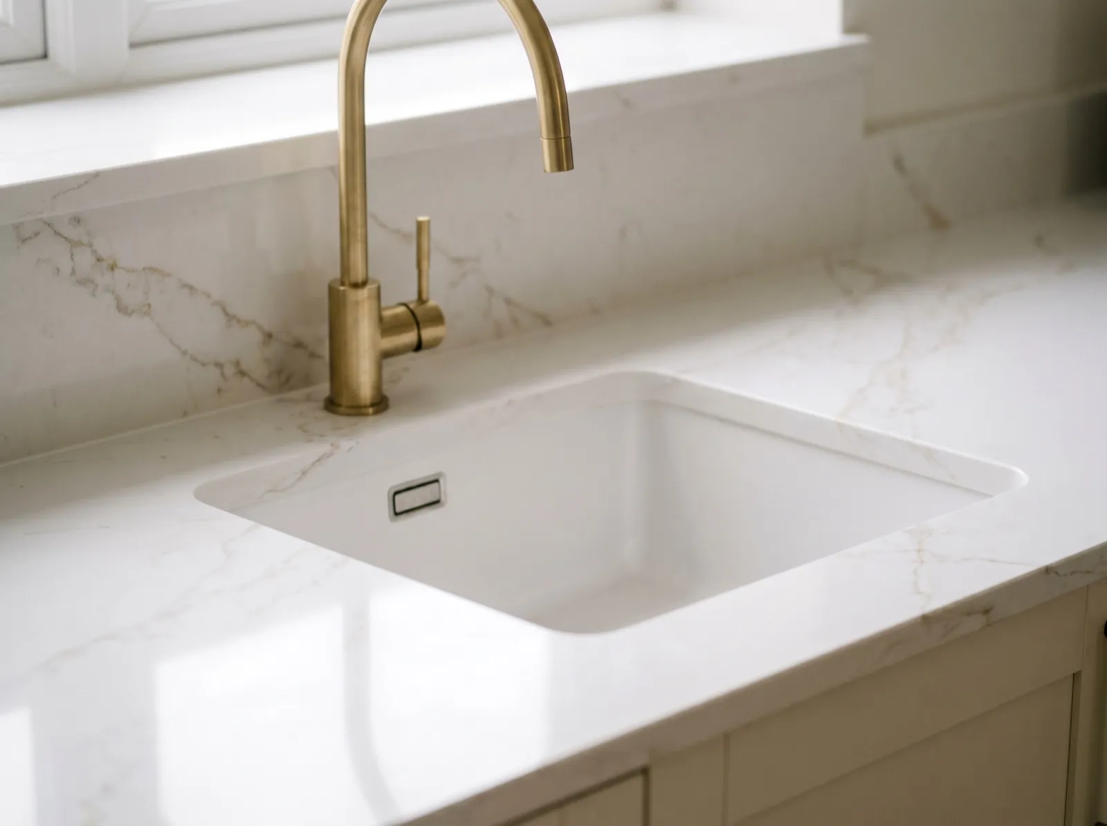 Plan de travail en quartz blanc veiné avec robinet col de cygne dans une cuisine rénovée