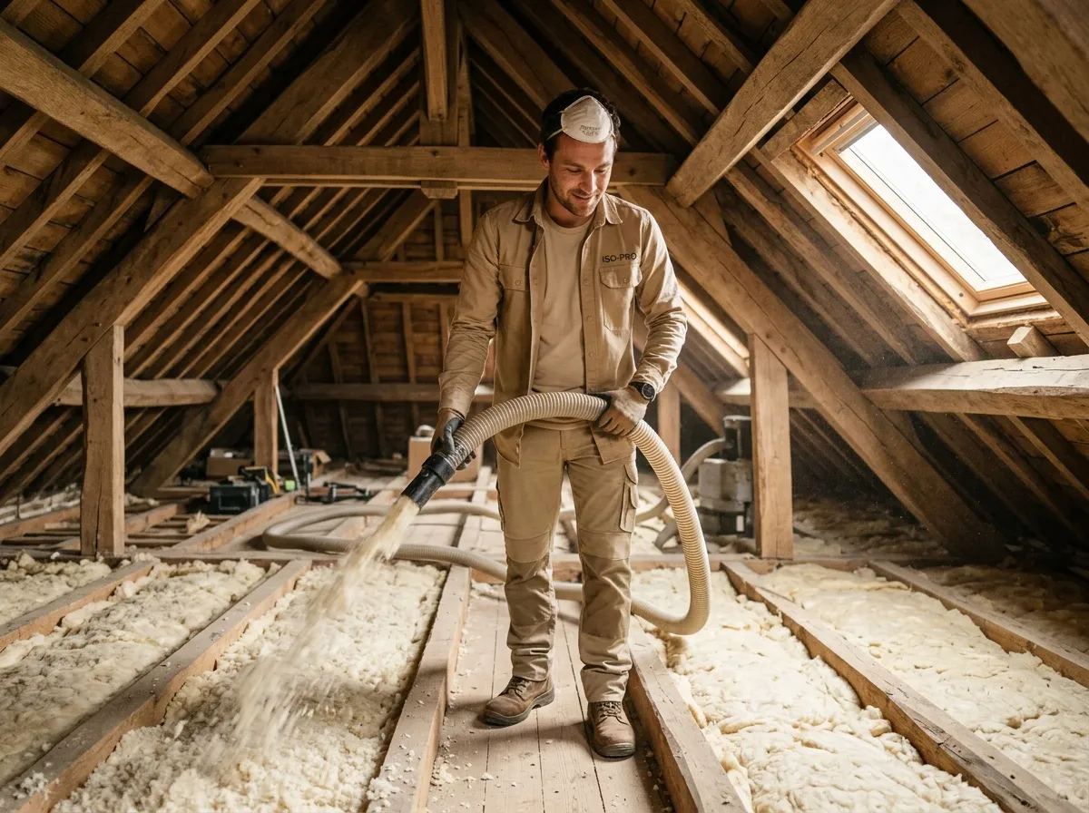 Combles perdus isolés en laine soufflée après travaux dans une maison rénovée près de Strasbourg