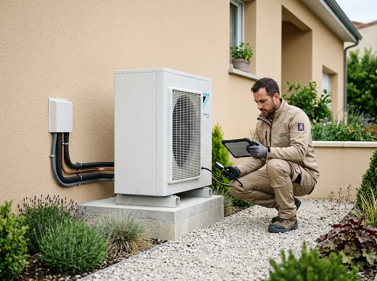Pompe à chaleur air-eau installée contre la façade d'une maison alsacienne
