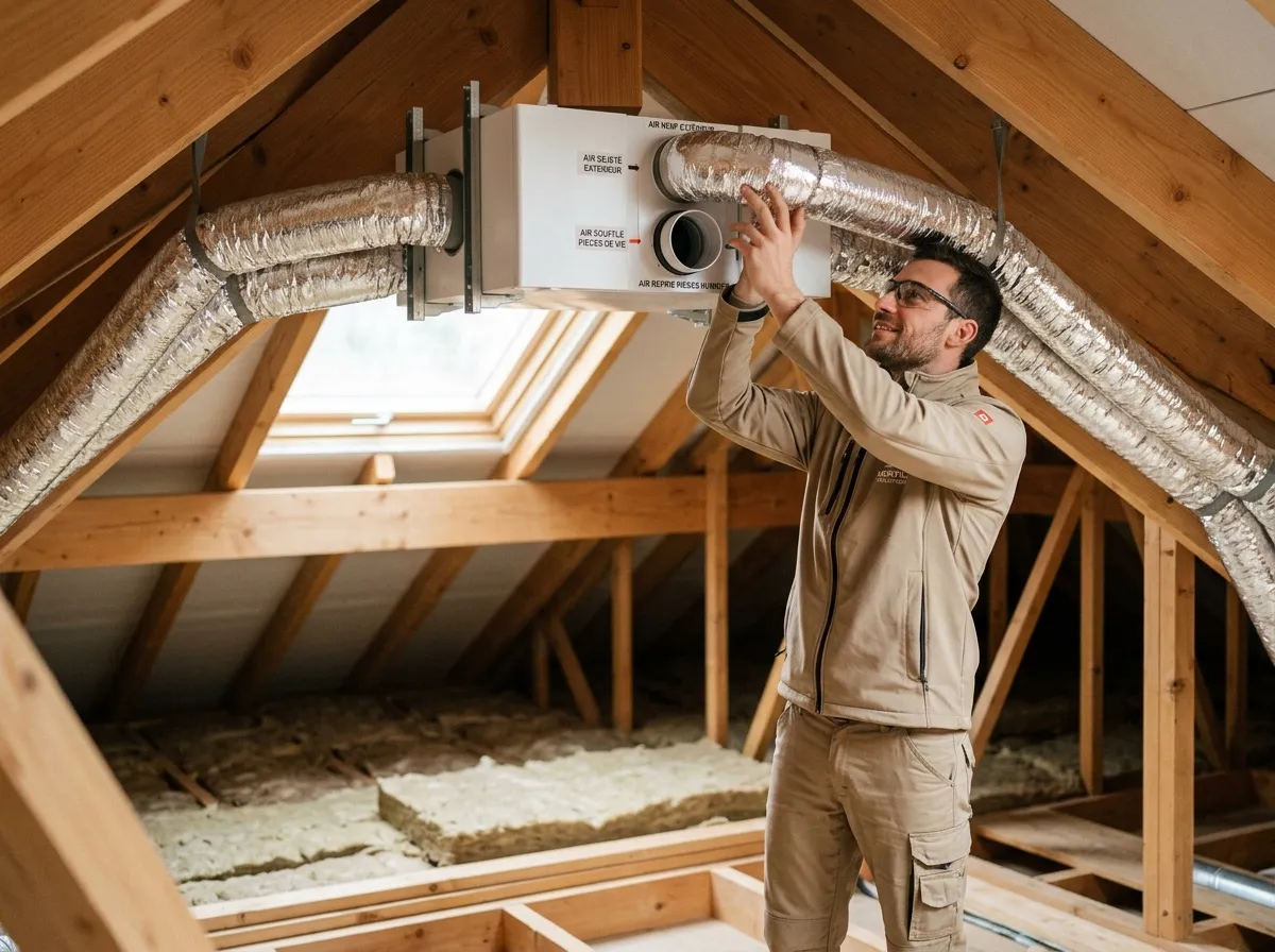 Caisson de VMC double flux et gaines installés en combles lors d'une rénovation énergétique