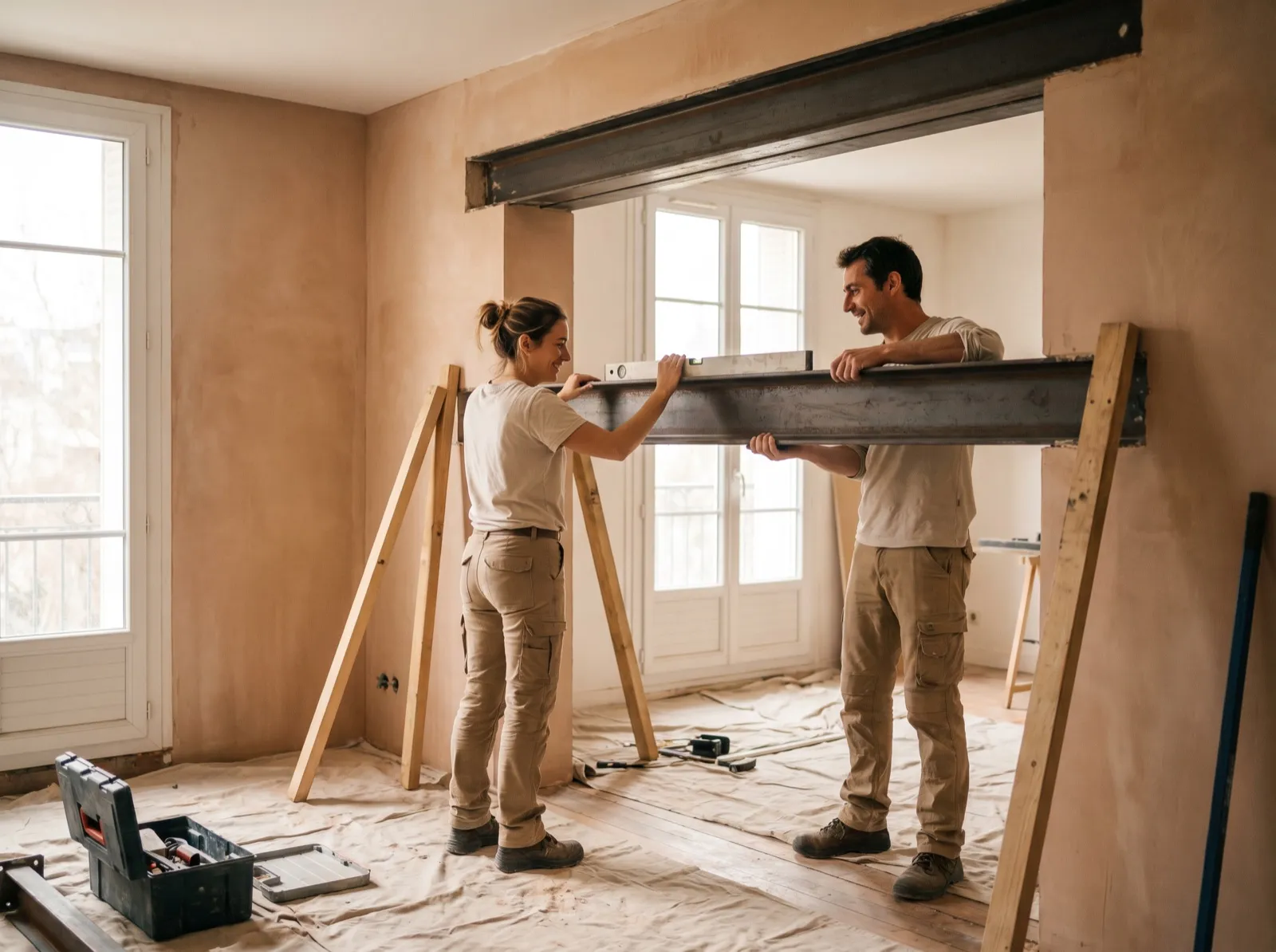 Chantier de rénovation complète en cours : cloisons ouvertes et réseaux électriques en attente
