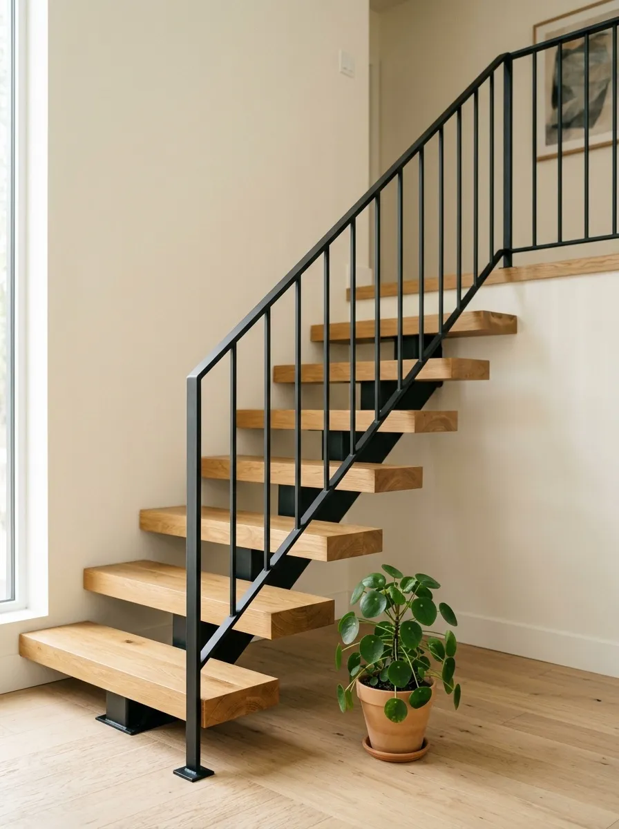 Escalier intérieur en bois et acier posé lors d'une rénovation complète de maison