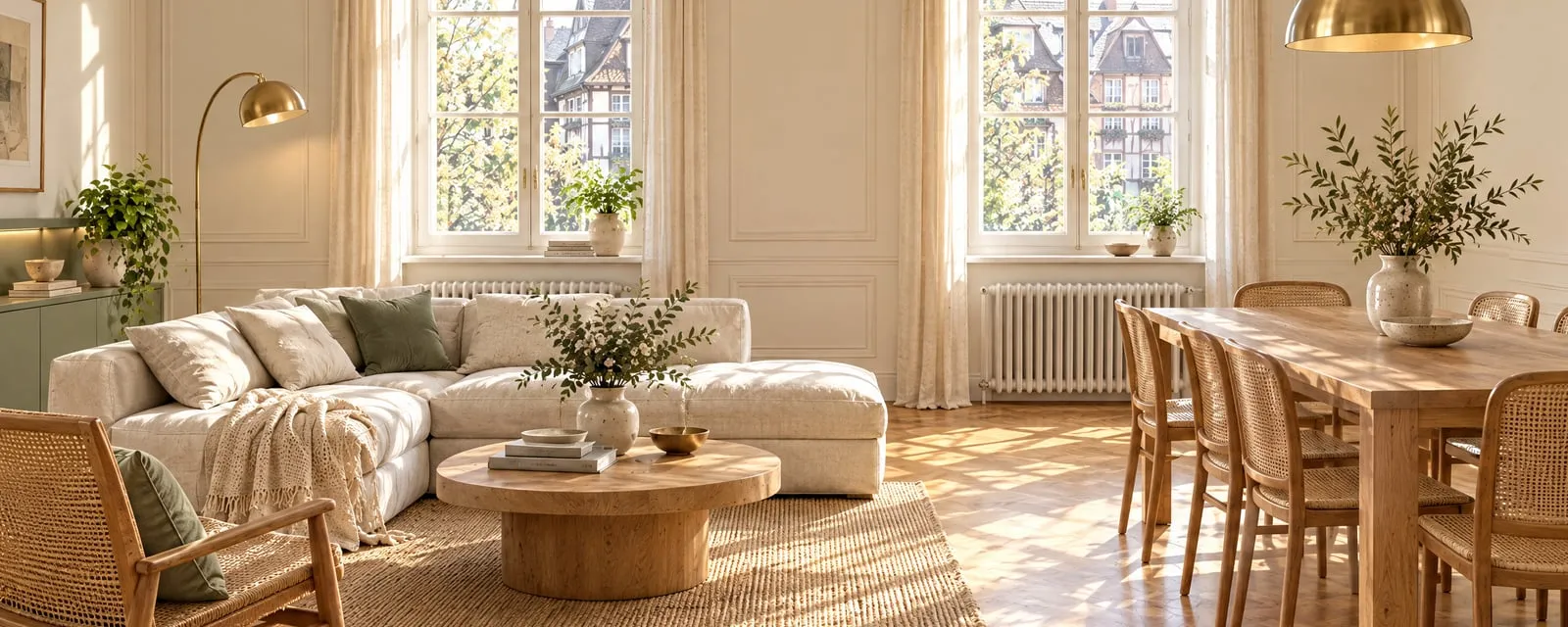 Séjour et salle à manger rénovés : parquet en point de Hongrie, moulures, canapé en lin, table en chêne et fenêtres ouvertes sur des maisons à colombages