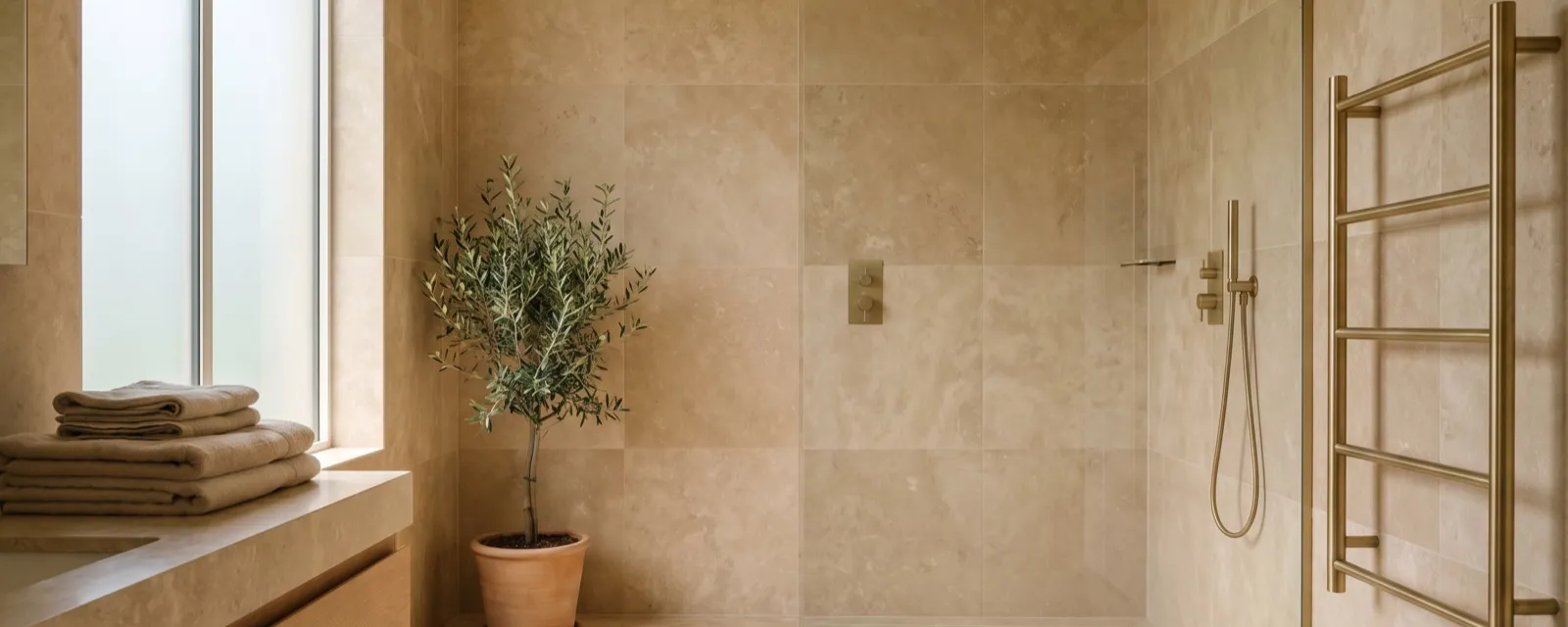 Salle de bain rénovée : douche à l'italienne, paroi vitrée et carrelage clair
