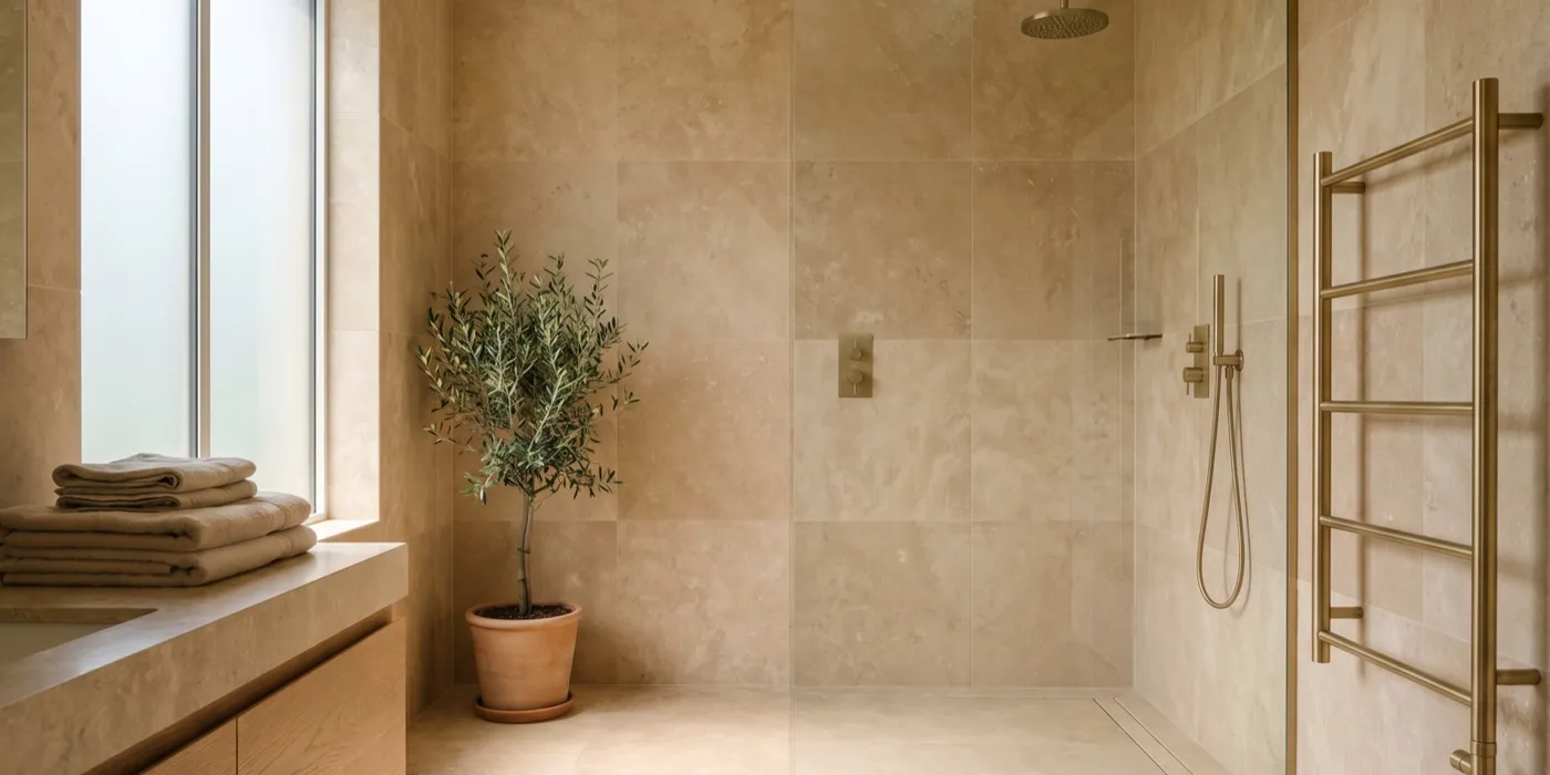 Douche à l'italienne carrelée en grand format avec paroi vitrée et receveur de plain-pied