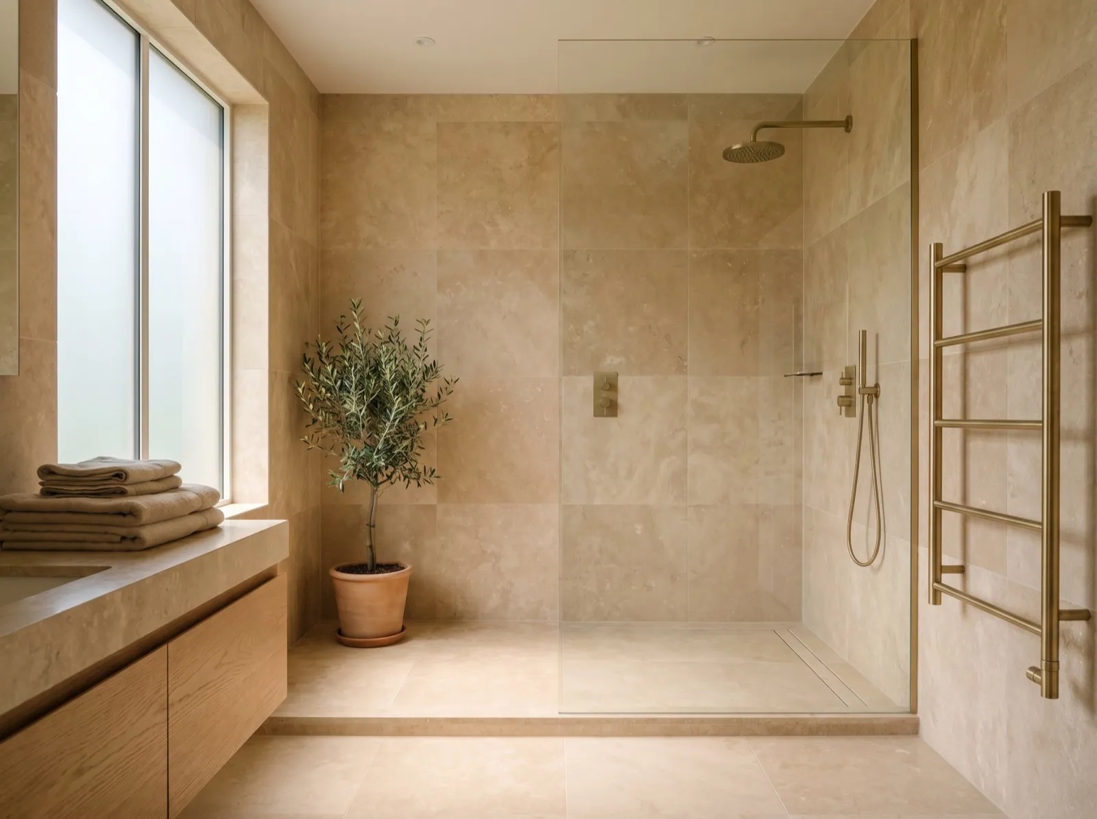 Salle de bain rénovée par Domea : douche à l'italienne, paroi vitrée et carrelage clair