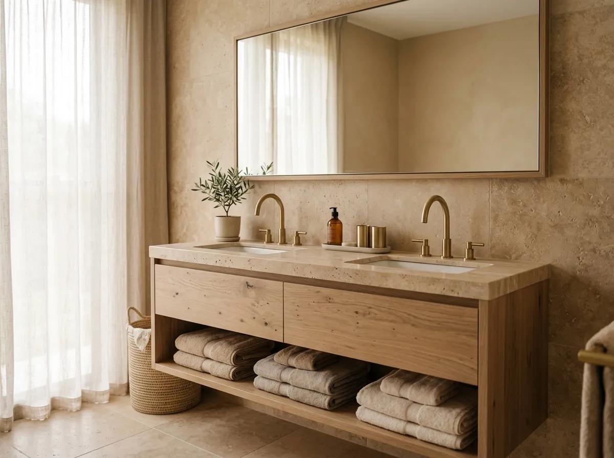 Meuble vasque suspendu double bac avec plan de toilette en pierre, salle de bain rénovée