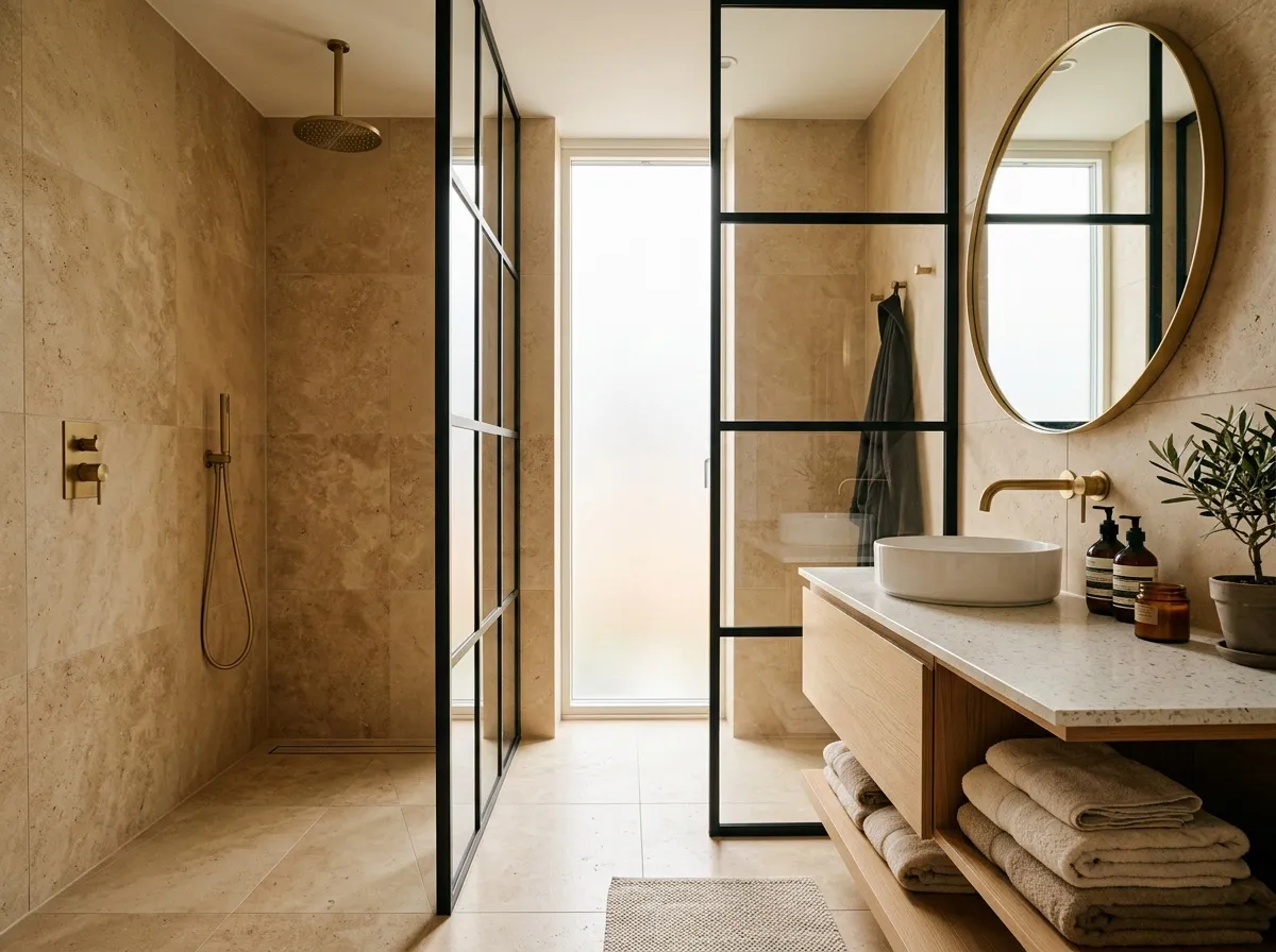 Séparation verrière noire entre la douche et l'espace vasque d'une salle de bain rénovée