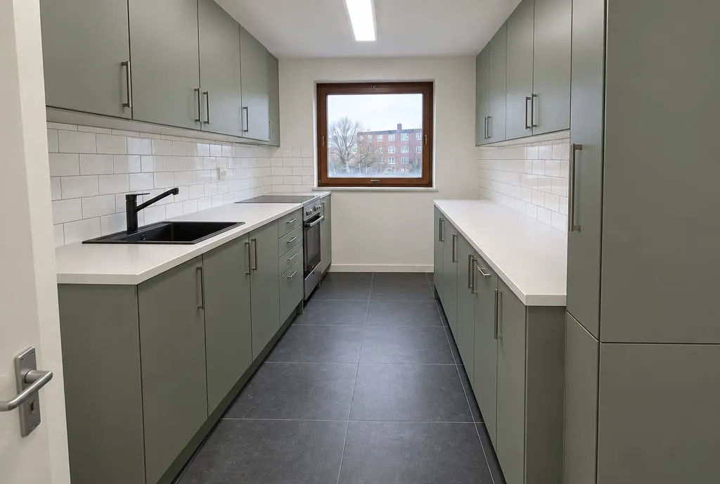 Cuisine en longueur après travaux : carrelage anthracite, crédence métro blanche, meubles vert sauge et plan blanc