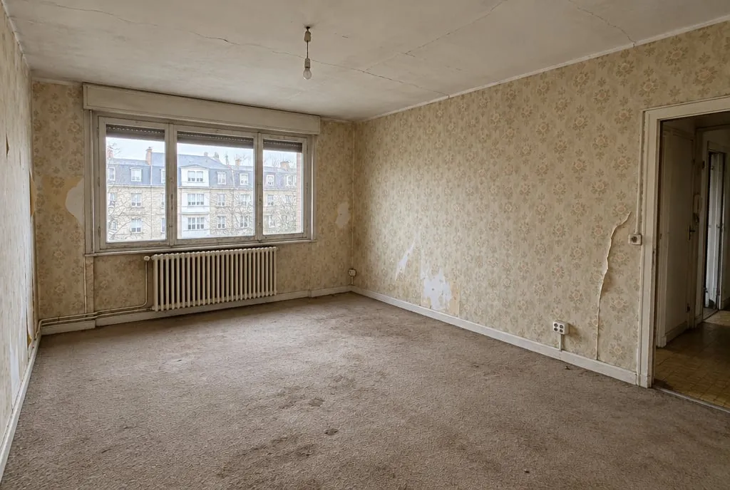 Le même séjour avant travaux : papier peint déchiré, moquette usée, plafond fissuré et prises en saillie