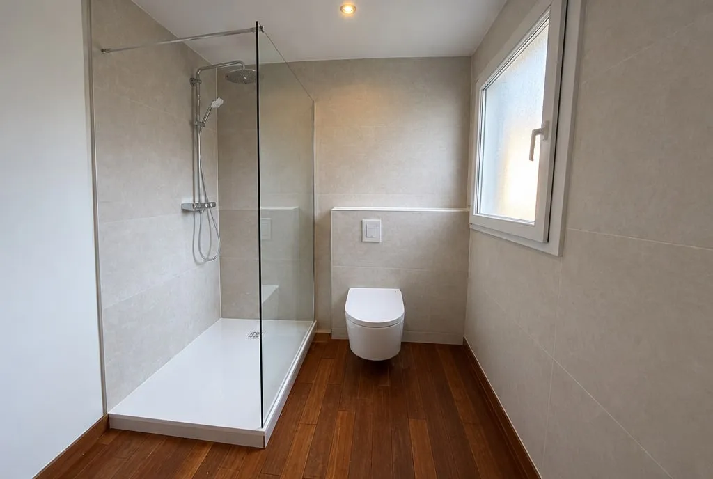 Salle de bain après travaux : douche ouverte à paroi fixe, grands carreaux beige, WC suspendu, parquet conservé