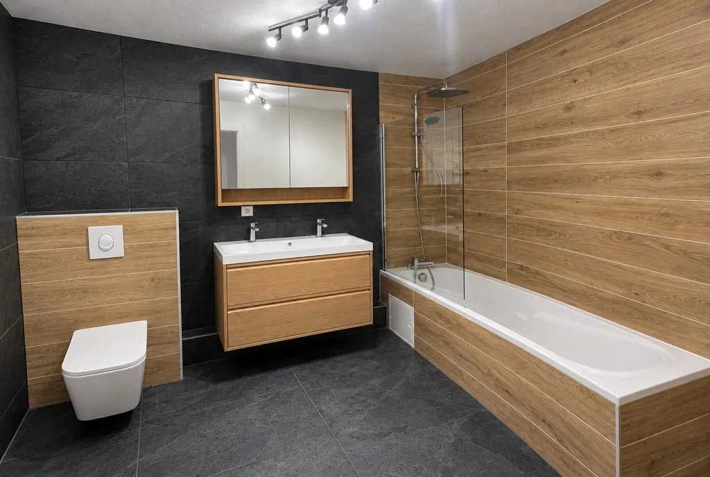 Salle de bain après travaux : sol et mur en grès anthracite, faïence effet bois, meuble double vasque en chêne, WC suspendu et pare-baignoire