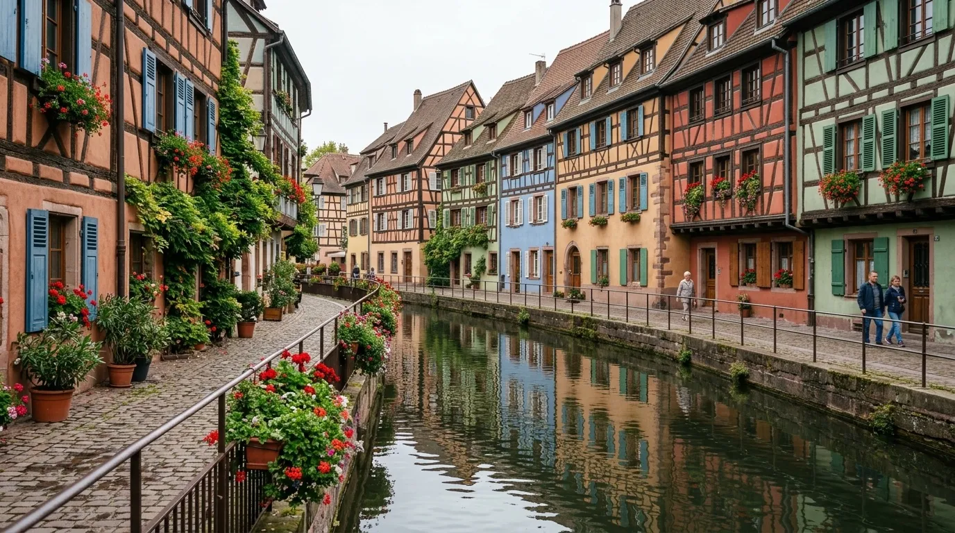 Quai fleuri longé de maisons à colombages, décor typique des centres anciens d'Alsace — visuel d'illustration