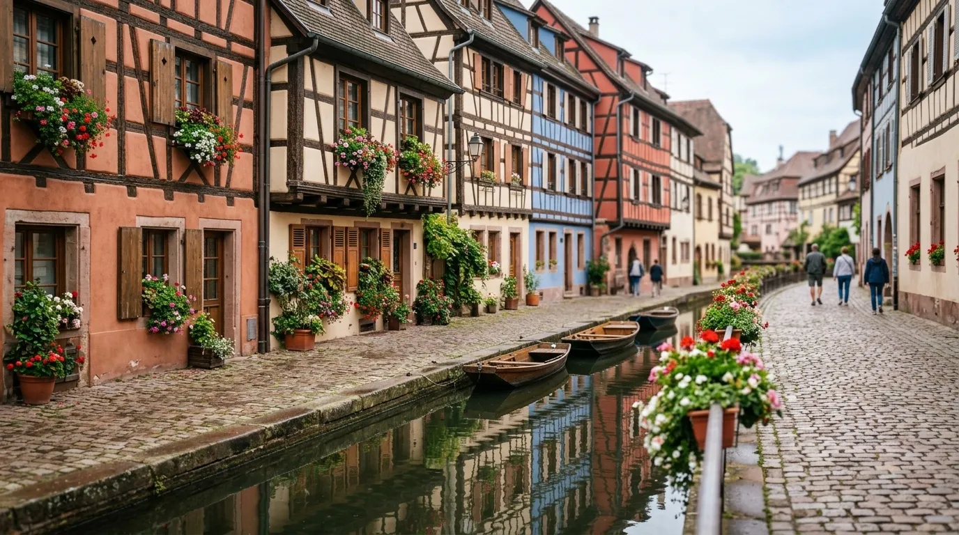 Maisons à colombages fleuries au bord d'un canal, décor typique des centres anciens d'Alsace — visuel d'illustration