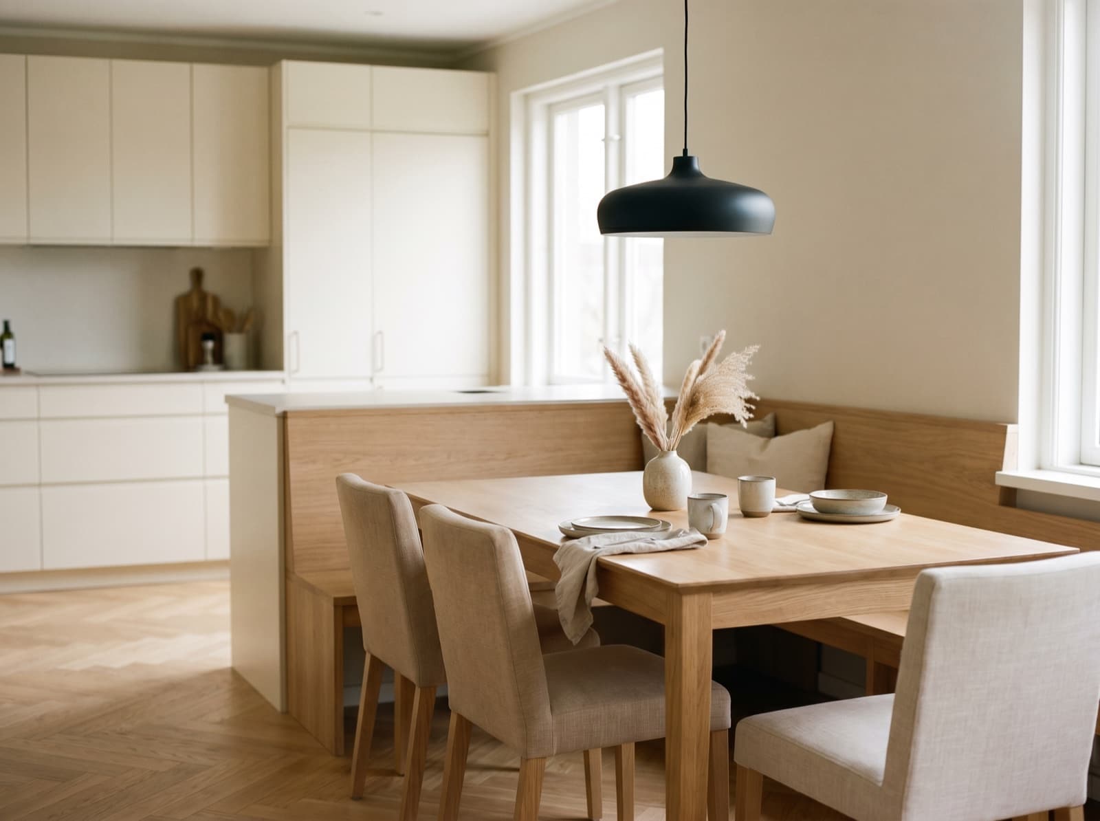 Coin repas intégré sous suspension noire mate dans cuisine ouverte, rénovation cuisine Domea Rénovation à Strasbourg
