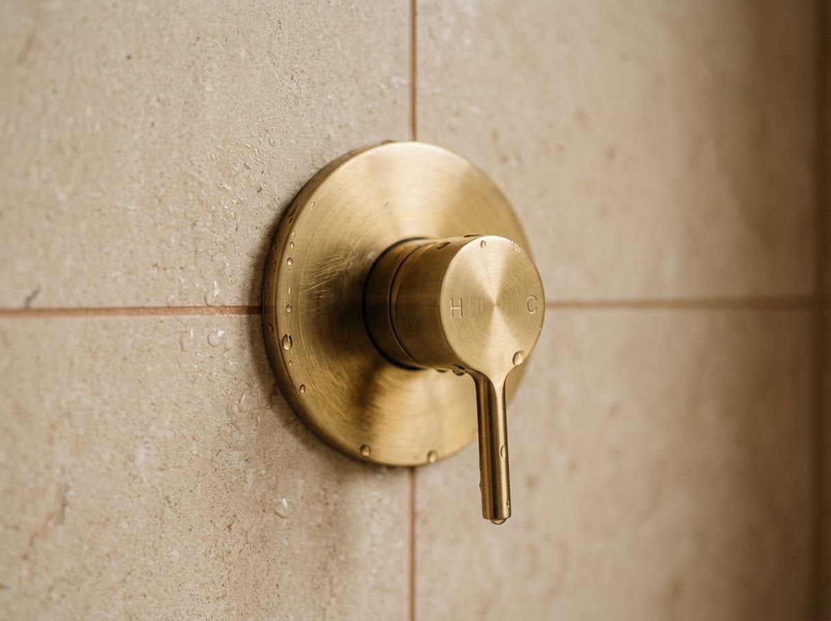 Détail de robinetterie encastrée laiton brossé sur paroi carrelage grand format, finition salle de bain Domea Rénovation